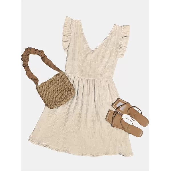 imageCUPSHE Womens Mini Dress V Neck Flutter Sleeve Cotton Self Tie Back A Line Short Summer Cover Up DressBeige
