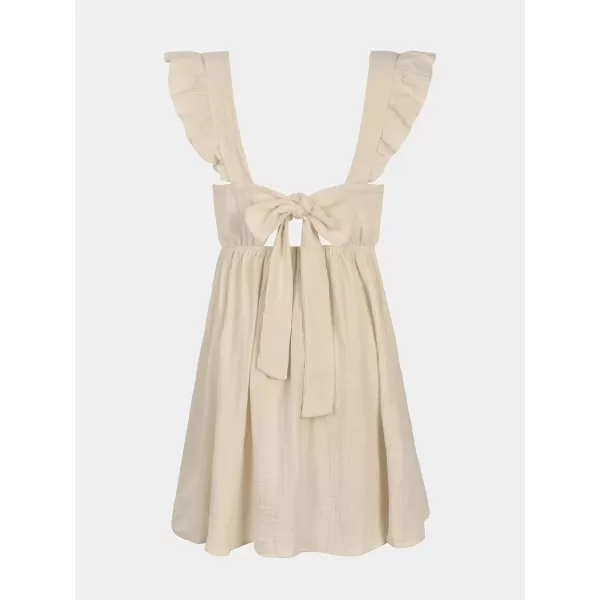 imageCUPSHE Womens Mini Dress V Neck Flutter Sleeve Cotton Self Tie Back A Line Short Summer Cover Up DressBeige