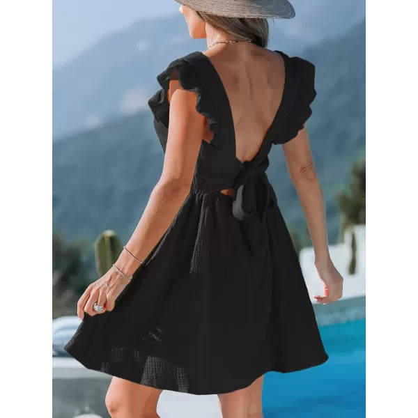 imageCUPSHE Womens Mini Dress V Neck Flutter Sleeve Cotton Self Tie Back A Line Short Summer Cover Up DressBlack
