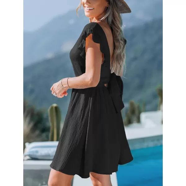 imageCUPSHE Womens Mini Dress V Neck Flutter Sleeve Cotton Self Tie Back A Line Short Summer Cover Up DressBlack