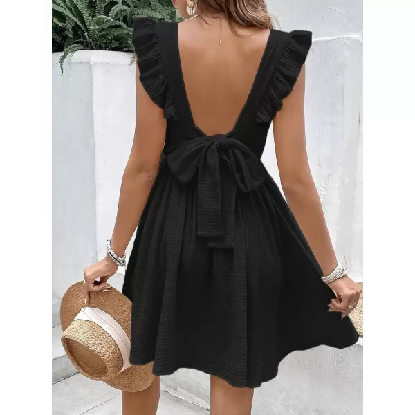 imageCUPSHE Womens Mini Dress V Neck Flutter Sleeve Cotton Self Tie Back A Line Short Summer Cover Up DressBlack