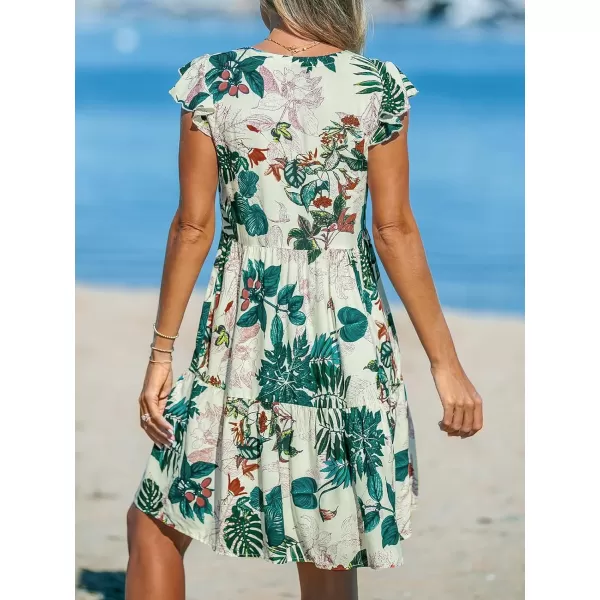 imageCUPSHE Womens Mini Dress V Neck Flutter Sleeve Floral Ruffled Short Summer Beach DressBeige Tropical