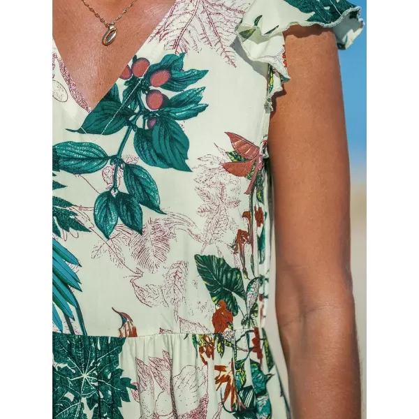 imageCUPSHE Womens Mini Dress V Neck Flutter Sleeve Floral Ruffled Short Summer Beach DressBeige Tropical