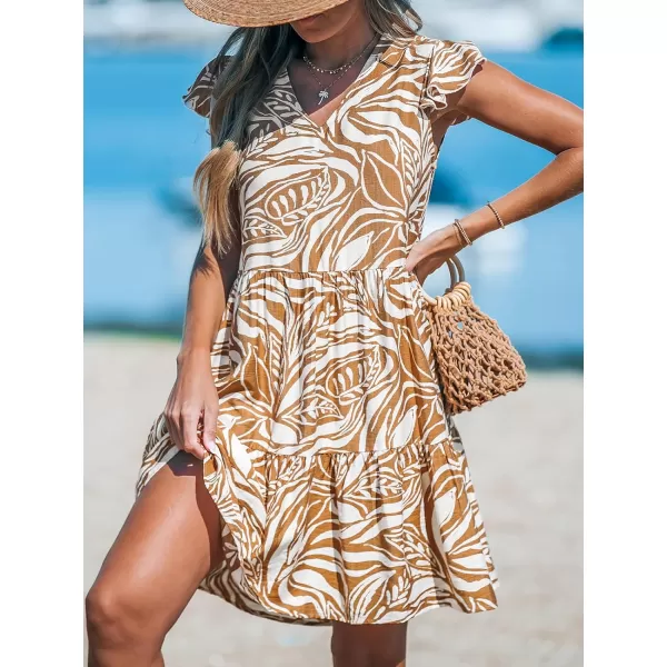 imageCUPSHE Womens Mini Dress V Neck Flutter Sleeve Floral Ruffled Short Summer Beach DressBrown Paisley