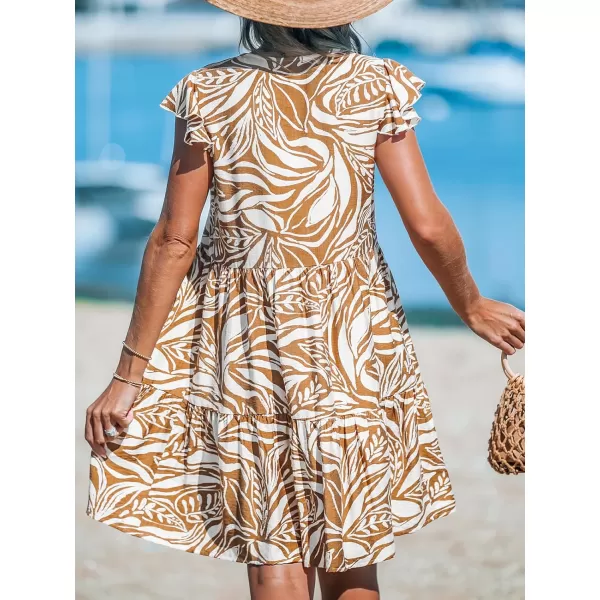imageCUPSHE Womens Mini Dress V Neck Flutter Sleeve Floral Ruffled Short Summer Beach DressBrown Paisley