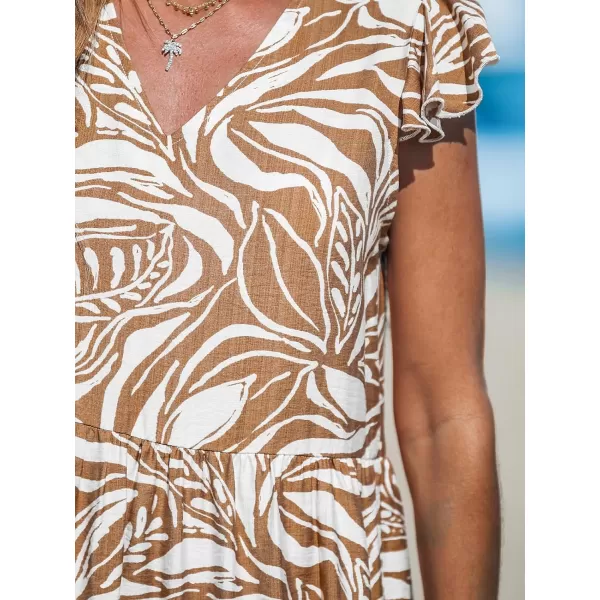 imageCUPSHE Womens Mini Dress V Neck Flutter Sleeve Floral Ruffled Short Summer Beach DressBrown Paisley