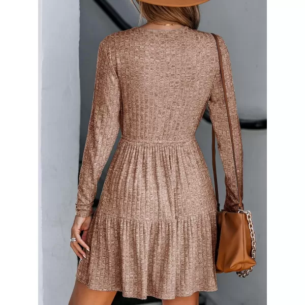 imageCUPSHE Womens Mini Dress V Neck Knit Ruffled Hem Belted Long Sleeve A Line Short Casual DressesBrown