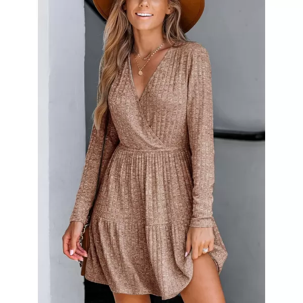 imageCUPSHE Womens Mini Dress V Neck Knit Ruffled Hem Belted Long Sleeve A Line Short Casual DressesBrown
