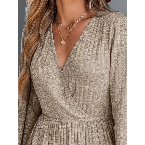 imageCUPSHE Womens Mini Dress V Neck Knit Ruffled Hem Belted Long Sleeve A Line Short Casual DressesSand