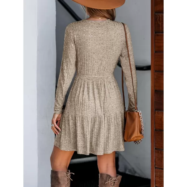 imageCUPSHE Womens Mini Dress V Neck Knit Ruffled Hem Belted Long Sleeve A Line Short Casual DressesSand