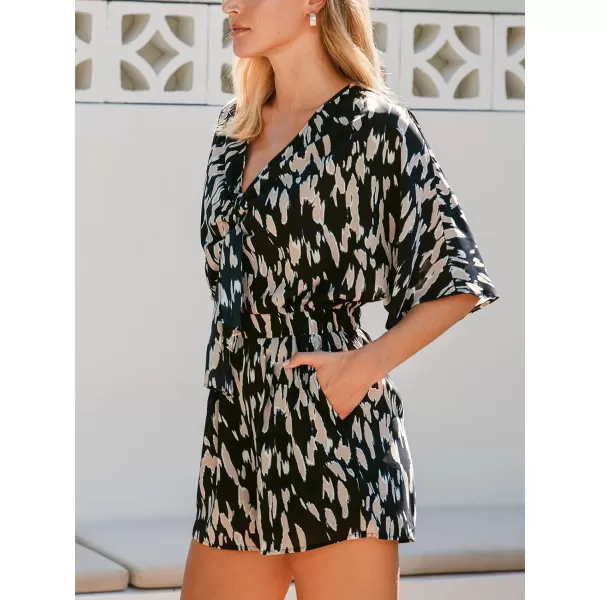 imageCUPSHE Womens Mini Dress V Neck Knotted Short Sleeve Abstarct Loose Fit Beach Short Summer DressBlack Abstract