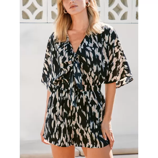 imageCUPSHE Womens Mini Dress V Neck Knotted Short Sleeve Abstarct Loose Fit Beach Short Summer DressBlack Abstract