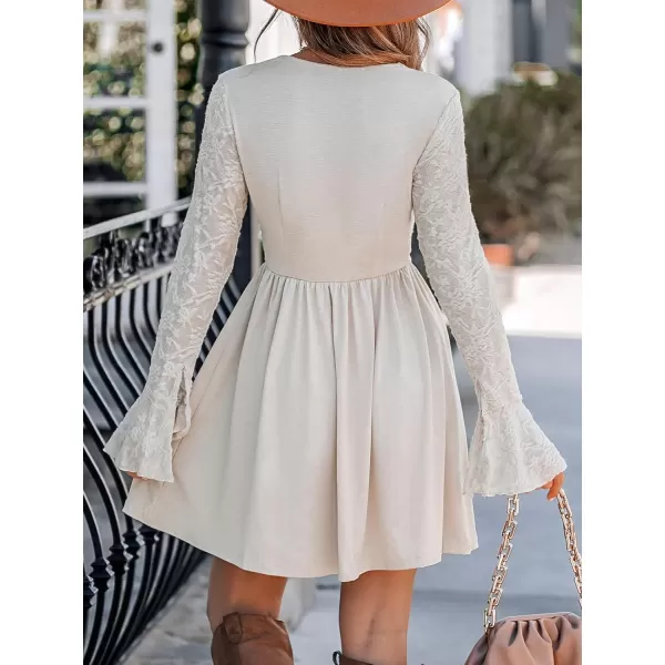 imageCUPSHE Womens Mini Dress V Neck Lace Long Sleeve A Line Cocktail Dress BeigeBeige