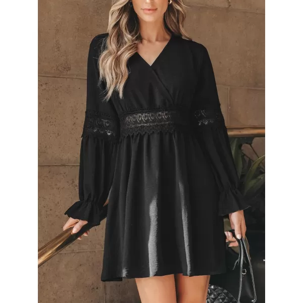 imageCUPSHE Womens Mini Dress V Neck Lace Waist Long Ruffled Trumpet Sleeve A Line Short Casual DressesBlack