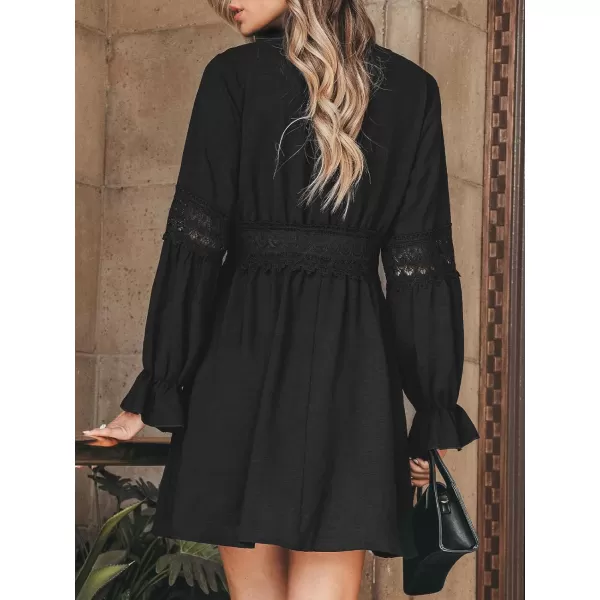 imageCUPSHE Womens Mini Dress V Neck Lace Waist Long Ruffled Trumpet Sleeve A Line Short Casual DressesBlack