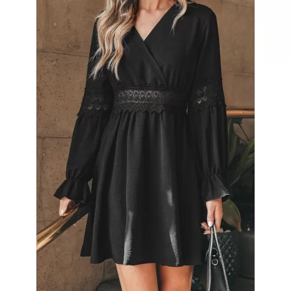 imageCUPSHE Womens Mini Dress V Neck Lace Waist Long Ruffled Trumpet Sleeve A Line Short Casual DressesBlack