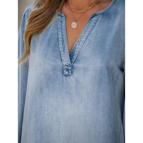 imageCUPSHE Womens Mini Dress V Neck Long Sleeve Seam Fitted Cotton Casual A Line Denim DressesLight Blue