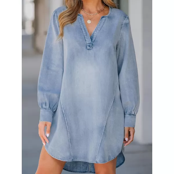 imageCUPSHE Womens Mini Dress V Neck Long Sleeve Seam Fitted Cotton Casual A Line Denim DressesLight Blue