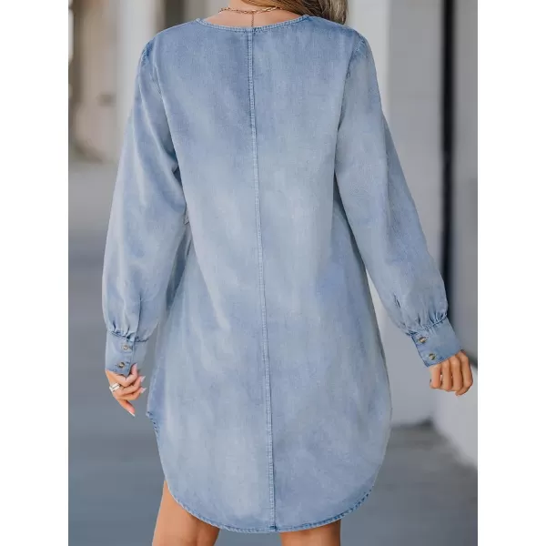 imageCUPSHE Womens Mini Dress V Neck Long Sleeve Seam Fitted Cotton Casual A Line Denim DressesLight Blue