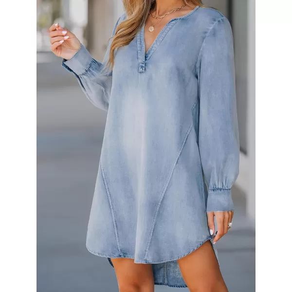 imageCUPSHE Womens Mini Dress V Neck Long Sleeve Seam Fitted Cotton Casual A Line Denim DressesLight Blue