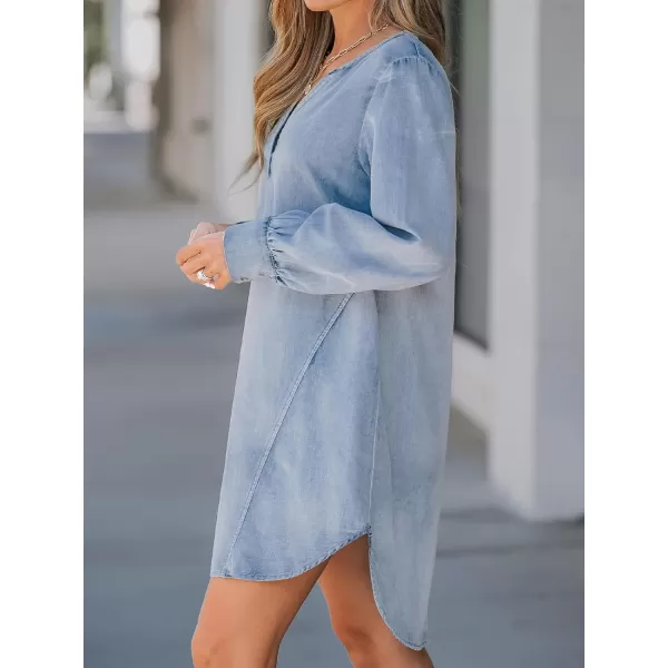 imageCUPSHE Womens Mini Dress V Neck Long Sleeve Seam Fitted Cotton Casual A Line Denim DressesLight Blue