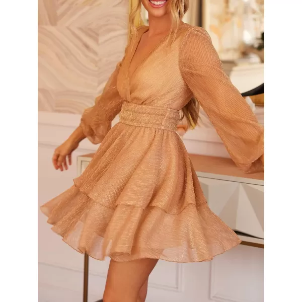 imageCUPSHE Womens Mini Dress V Neck Metallic Shirred Flounce Long Sleeve A Line Cocktail Dress ChampagneGold