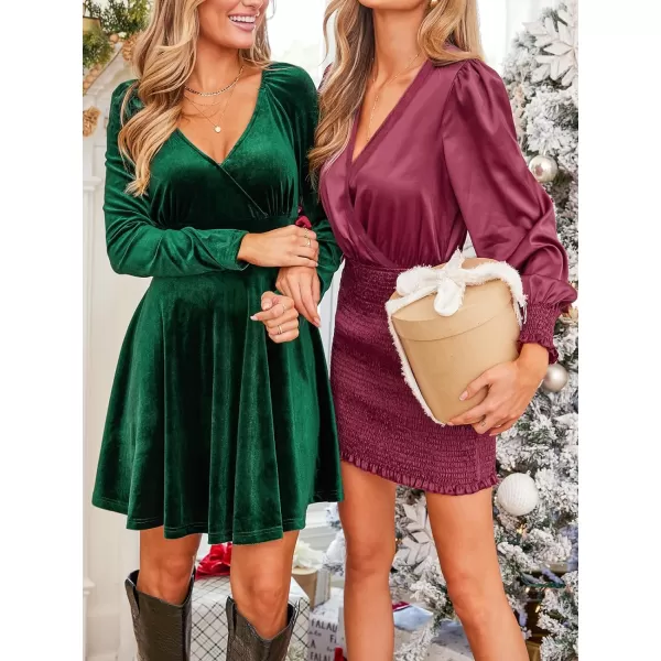 imageCUPSHE Womens Mini Dress V Neck Overlap Collar Long Sleeve A Line Fall Dress GreenGreen