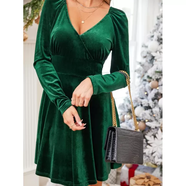 imageCUPSHE Womens Mini Dress V Neck Overlap Collar Long Sleeve A Line Fall Dress GreenGreen
