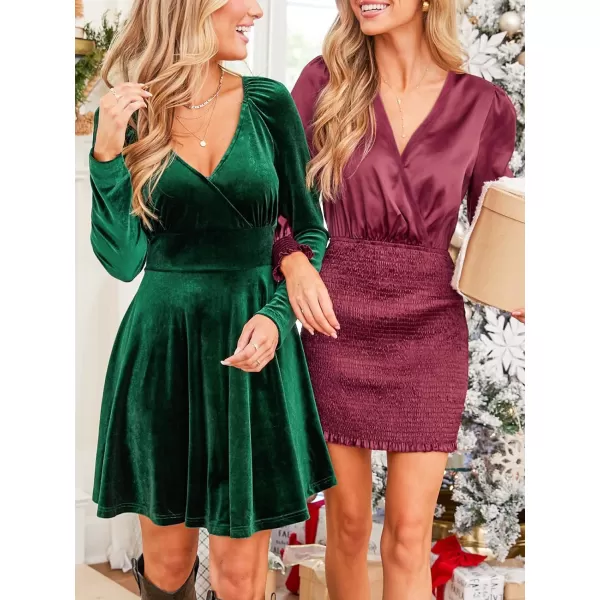 imageCUPSHE Womens Mini Dress V Neck Overlap Collar Long Sleeve A Line Fall Dress GreenGreen