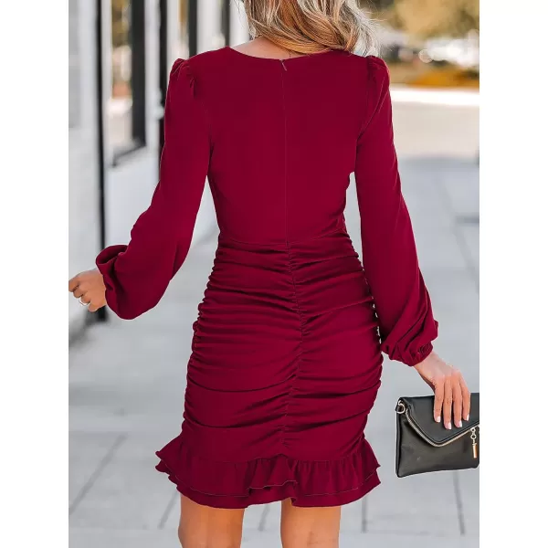 imageCUPSHE Womens Mini Dress V Neck Overlap Ruffled Ruched Long Puff Sleeve Bodycon Cocktail Dress BurgundyBurgundy