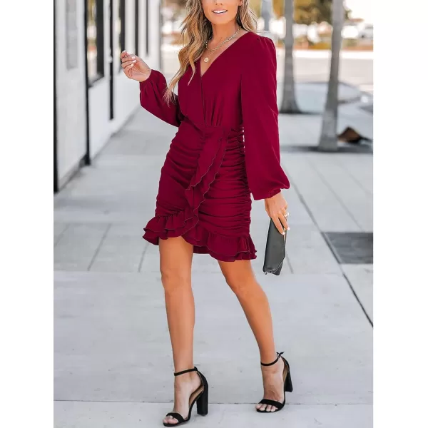 imageCUPSHE Womens Mini Dress V Neck Overlap Ruffled Ruched Long Puff Sleeve Bodycon Cocktail Dress BurgundyBurgundy