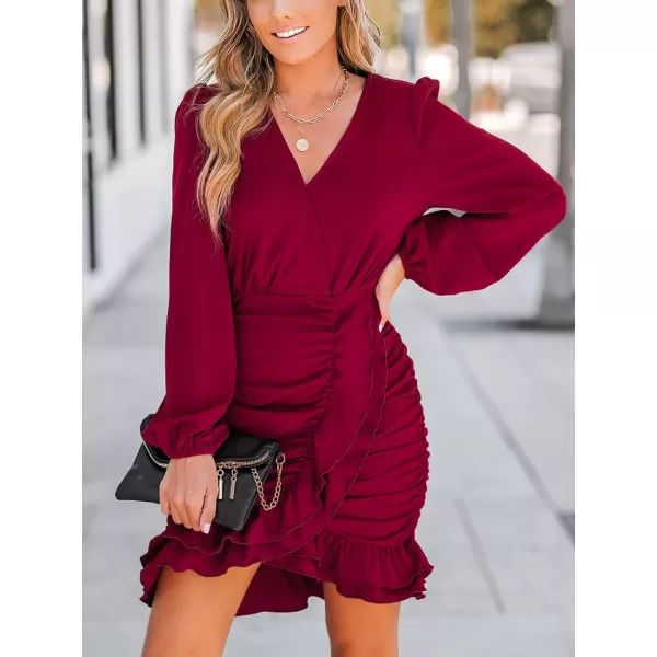 imageCUPSHE Womens Mini Dress V Neck Overlap Ruffled Ruched Long Puff Sleeve Bodycon Cocktail Dress BurgundyBurgundy