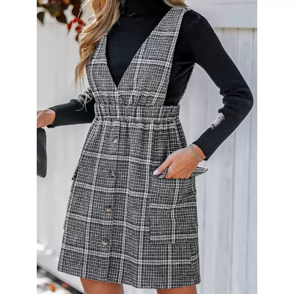 imageCUPSHE Womens Mini Dress V Neck Plaid Solid SleevelessPinafore Button Front Pockets A Line Short Casual DressesBlack