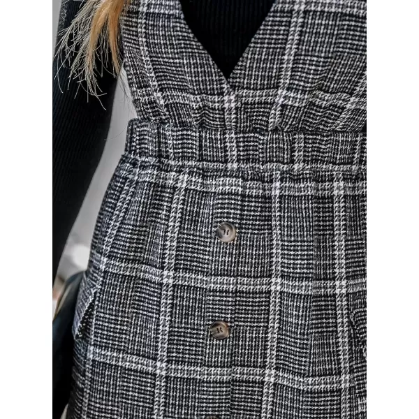imageCUPSHE Womens Mini Dress V Neck Plaid Solid SleevelessPinafore Button Front Pockets A Line Short Casual DressesBlack