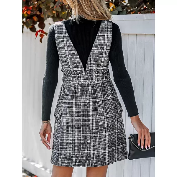 imageCUPSHE Womens Mini Dress V Neck Plaid Solid SleevelessPinafore Button Front Pockets A Line Short Casual DressesBlack