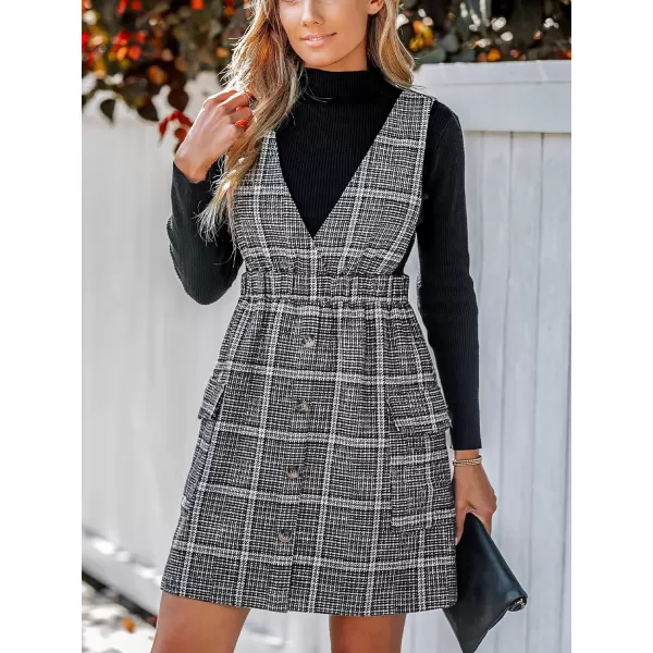 imageCUPSHE Womens Mini Dress V Neck Plaid Solid SleevelessPinafore Button Front Pockets A Line Short Casual DressesBlack