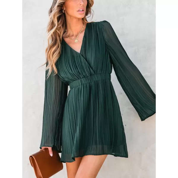 imageCUPSHE Womens Mini Dress V Neck Pleated Belted Long Sleeve A Line Short Party Dress GreenGreen