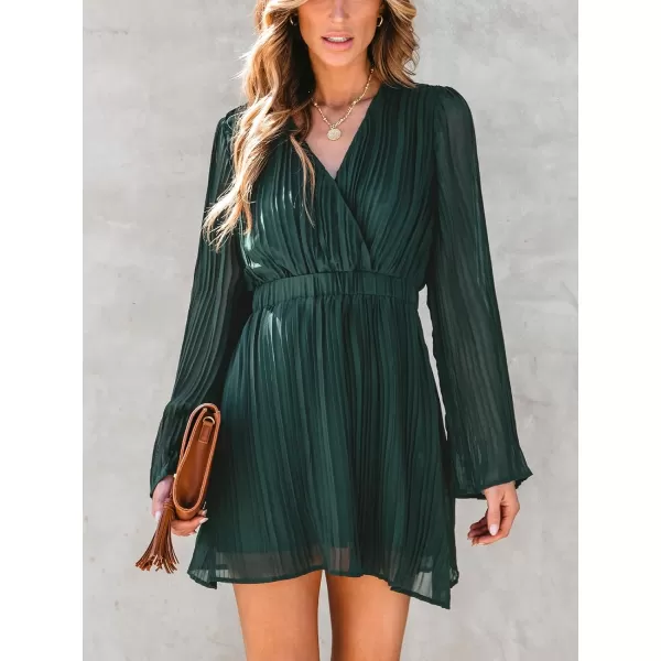 imageCUPSHE Womens Mini Dress V Neck Pleated Belted Long Sleeve A Line Short Party Dress GreenGreen