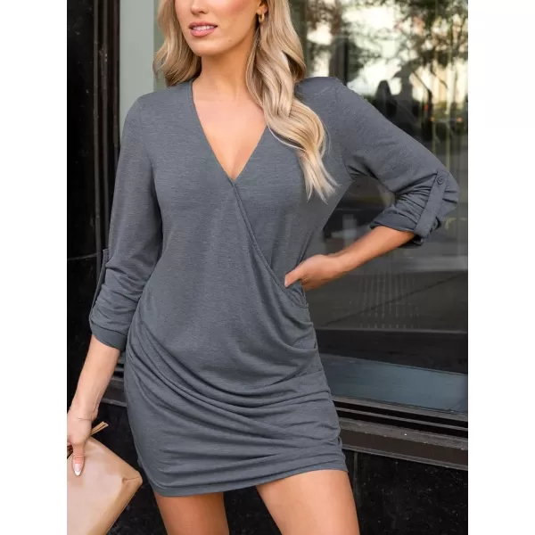 imageCUPSHE Womens Mini Dress V Neck Ruched Roll 34 Sleeve A Line Loose Fit Dress BlackGrey