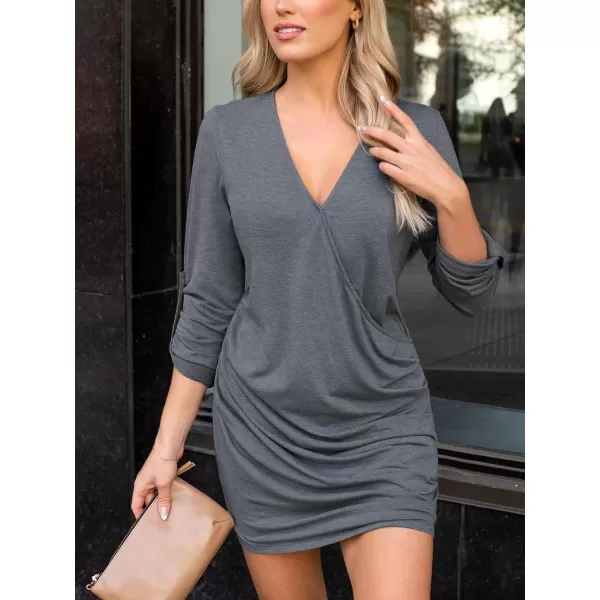 imageCUPSHE Womens Mini Dress V Neck Ruched Roll 34 Sleeve A Line Loose Fit Dress BlackGrey