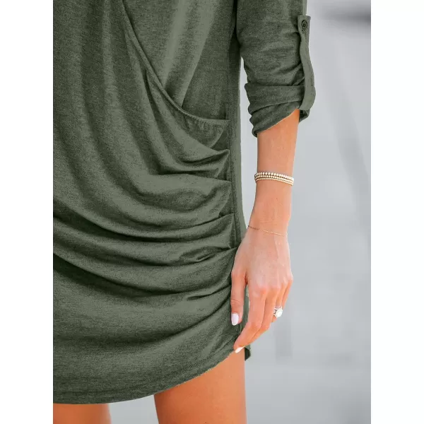 imageCUPSHE Womens Mini Dress V Neck Ruched Roll 34 Sleeve A Line Loose Fit Dress BlackOlive Green