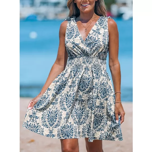 imageCUPSHE Womens Mini Dress V Neck Sleeveless Paisley Smocked Waist Short Casual Summer DressBlue Paisley