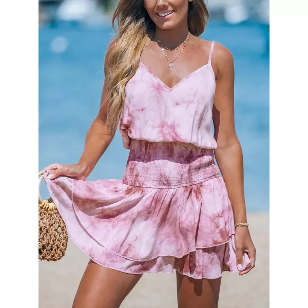 imageCUPSHE Womens Mini Dress V Neck Smocked Sleeveless Ruffled Dyed A Line Casual Summer DressPink