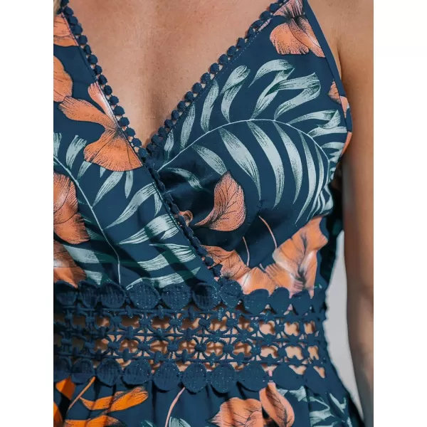imageCUPSHE Womens Mini Dress V Neck Tropical Floral Crochet Sleeveless Adjustable Straps A Line Summer DressesNavy Floral