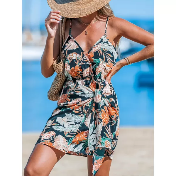imageCUPSHE Womens Mini Dress V Neck Tropical Leaf Sleeveless Wrap Belted Short Summer Beach Cover Up DressNavy Tropical