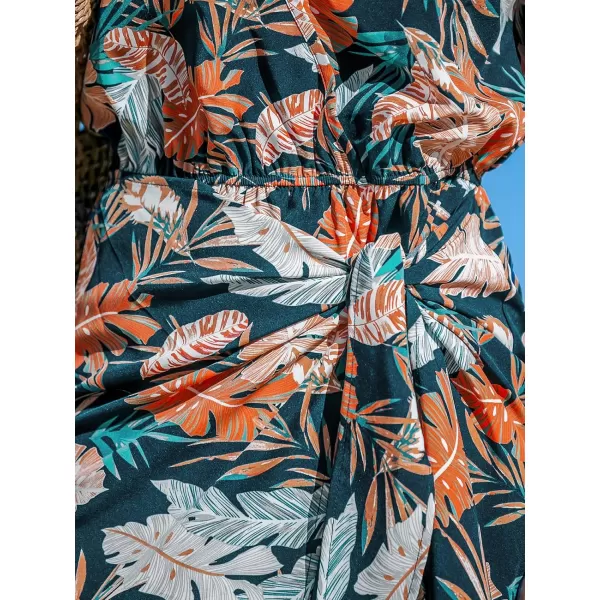 imageCUPSHE Womens Mini Dress V Neck Tropical Leaf Sleeveless Wrap Belted Short Summer Beach Cover Up DressNavy Tropical