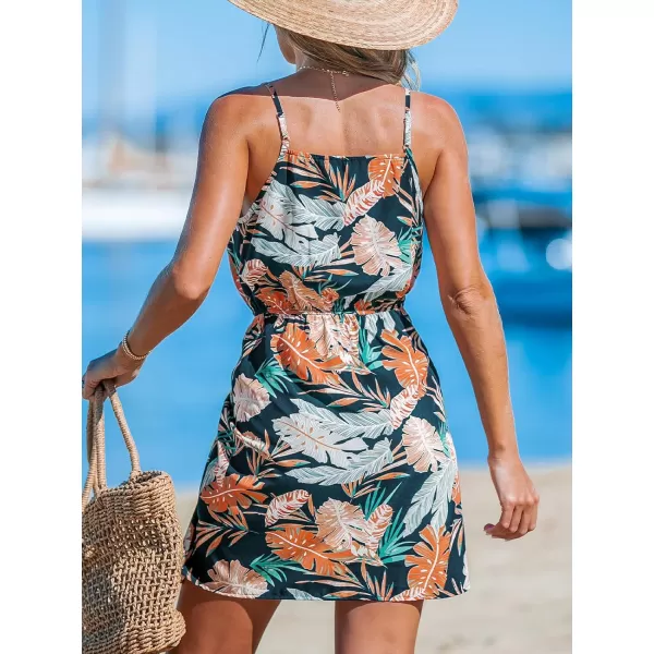 imageCUPSHE Womens Mini Dress V Neck Tropical Leaf Sleeveless Wrap Belted Short Summer Beach Cover Up DressNavy Tropical