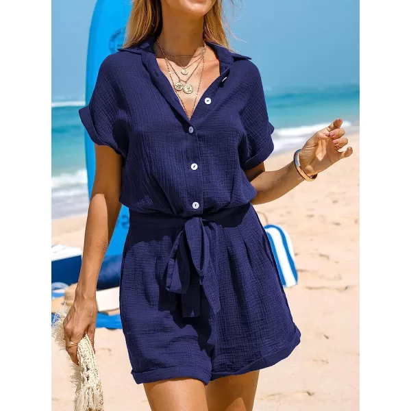 imageCUPSHE Womens Mini Jumpsuit Belted Basic collar Navy Romper with Belt