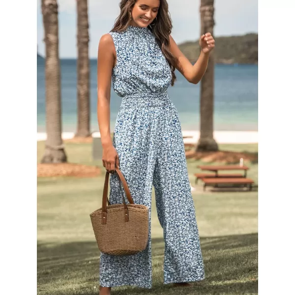 imageCUPSHE Womens Mock Neck Floral Print Long Romper Sleeveless Straight Leg Maxi JumpsuitBlue Floral