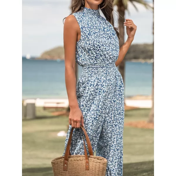 imageCUPSHE Womens Mock Neck Floral Print Long Romper Sleeveless Straight Leg Maxi JumpsuitBlue Floral